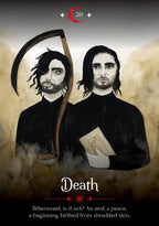 Two figures, one holding a scythe and the other a book, with the word 'Death' and a quote below.