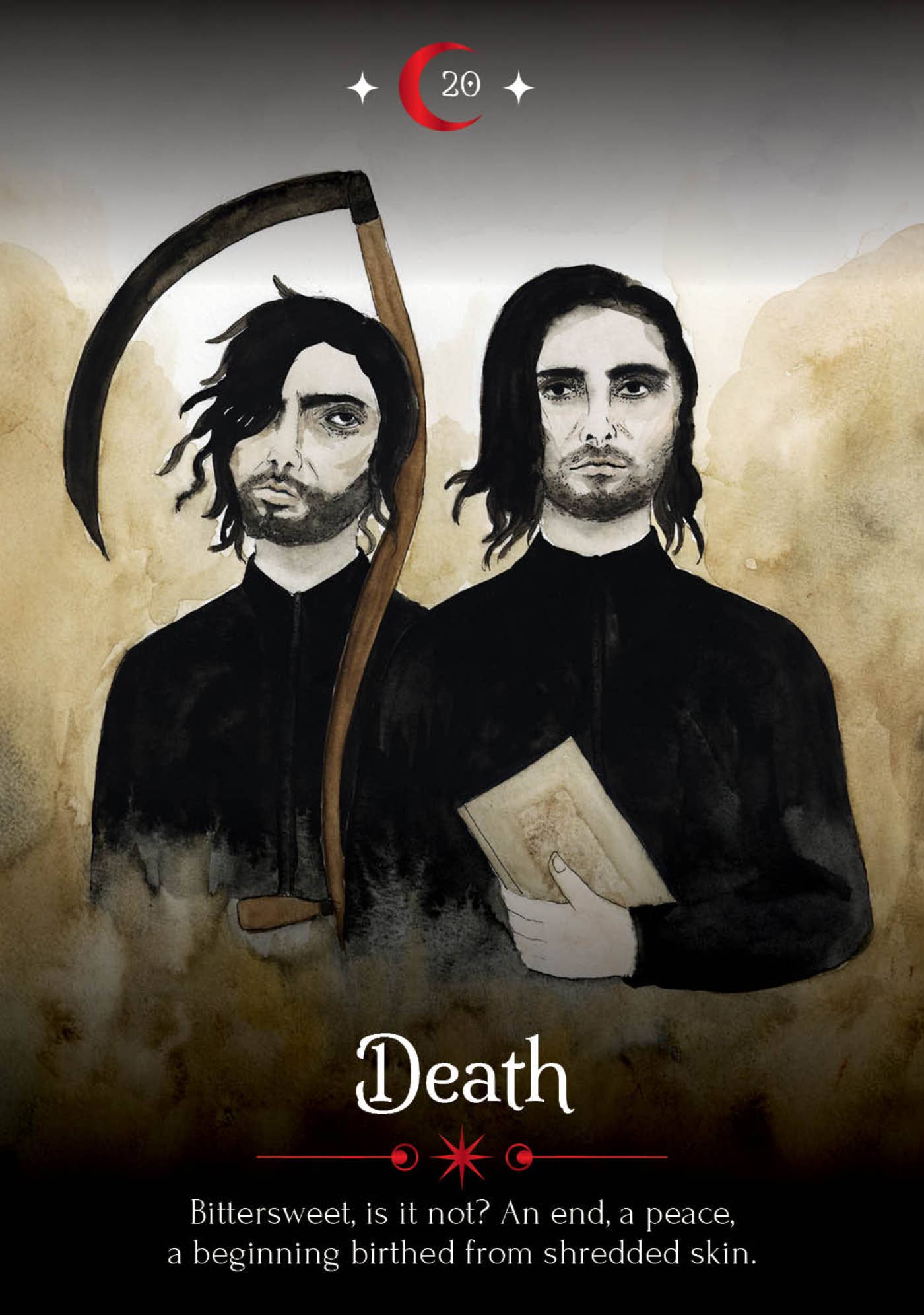 Two figures, one holding a scythe and the other a book, with the word 'Death' and a quote below.