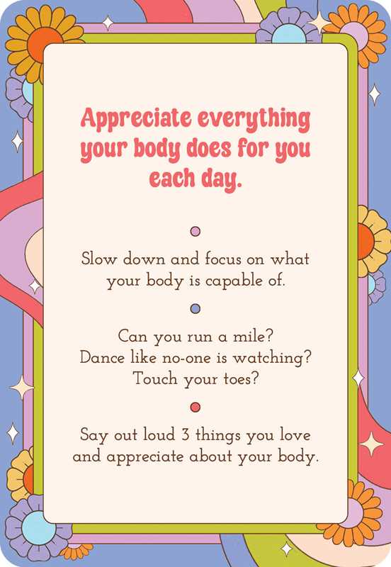 Motivational card with colorful border and text about appreciating one's body.