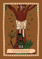 Illustration of a person standing on a tree with text and symbols on a brown background