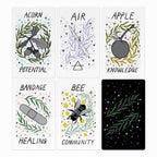 Set of six tarot cards with symbols and text on a white background