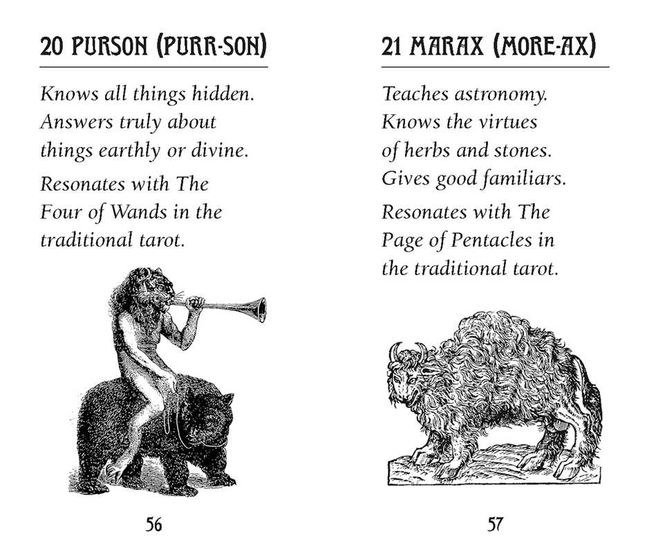 Two pages from a book or document detailing the meanings of 'Purson' and 'Marax', with illustrations of a person on a bear and a creature, and text about their attributes.
