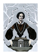 Illustration of a woman in a dark coat with a house in the background, surrounded by bare trees.