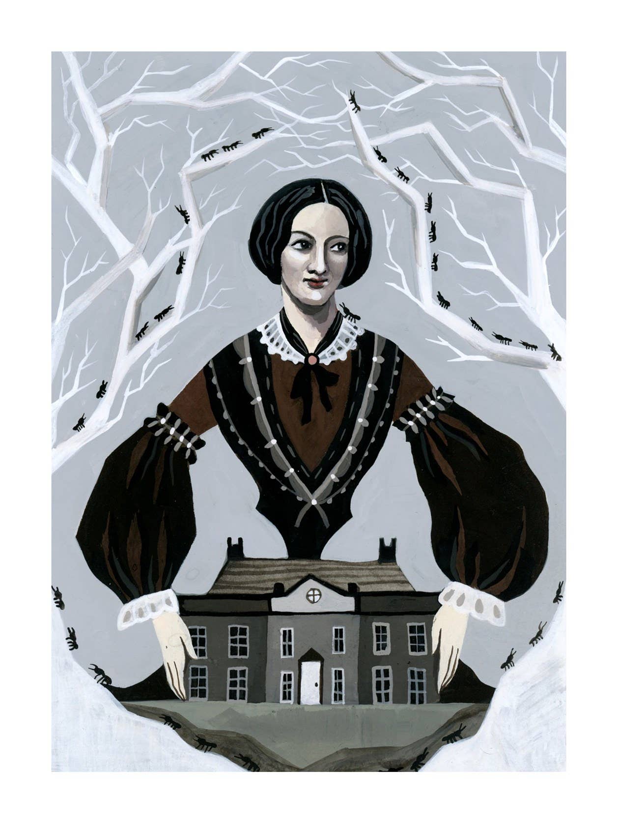 Illustration of a woman in a dark coat with a house in the background, surrounded by bare trees.