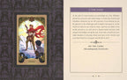 An open book or booklet spread showing a decorative illustrated card on the left with a fantasy figure in a red cloak and the title 'THE FOOL,' and a text page on the right headed '0 THE FOOL' with paragraphs of printed text.