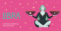 Illustration of a person holding two bowls with star designs on a pink background, featuring the word 'Libra' and text about magical messages from the stars.