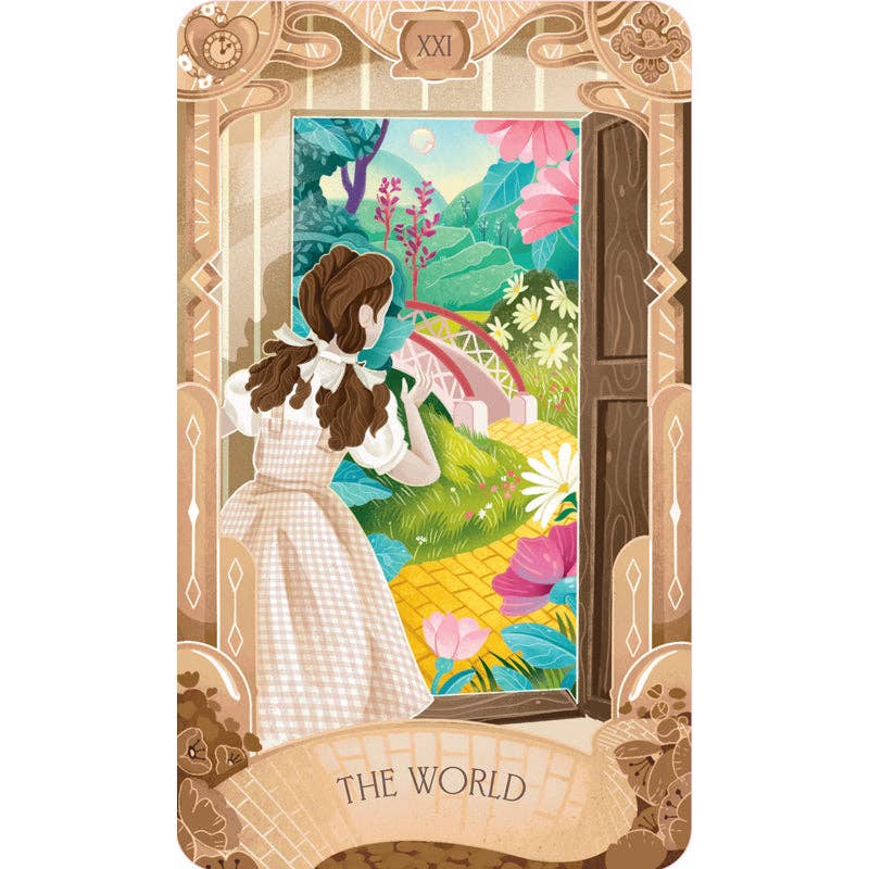 Tarot card titled 'The World' with a decorative border and illustration of a woman in a garden.