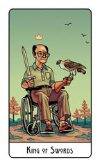 Card featuring a person in a wheelchair holding a sword and a hawk, with trees and birds in the background.