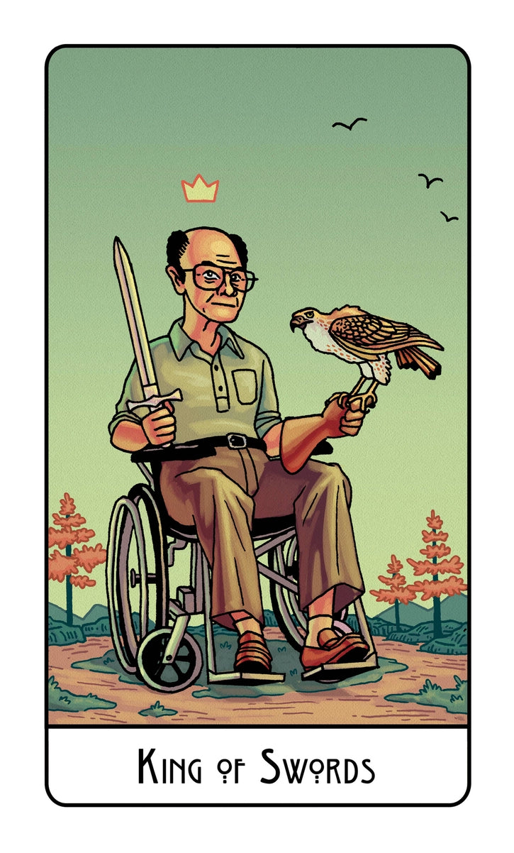Card featuring a person in a wheelchair holding a sword and a hawk, with trees and birds in the background.