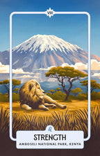 Lion in a savannah with Mount Kilimanjaro in the background, labeled 'Strength' from Amboseli National Park, Kenya.