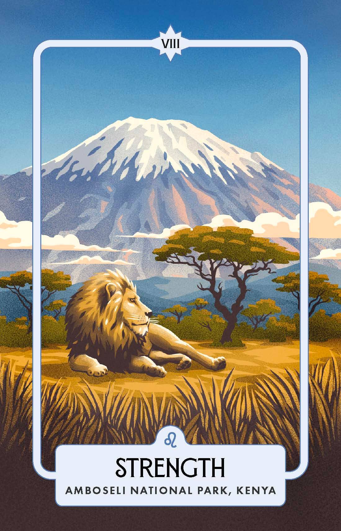 Lion in a savannah with Mount Kilimanjaro in the background, labeled 'Strength' from Amboseli National Park, Kenya.