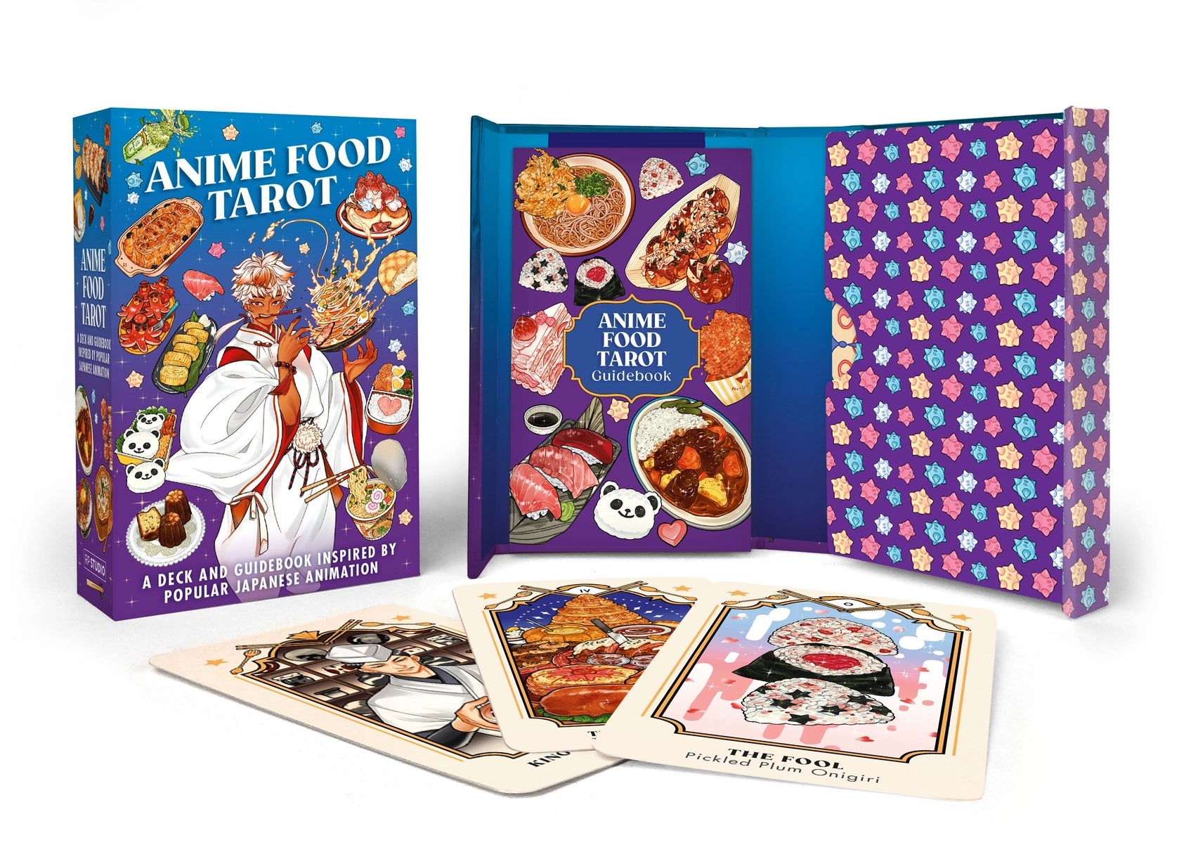 Anime Food Tarot card set with tarot cards, guidebook, and box on a white background