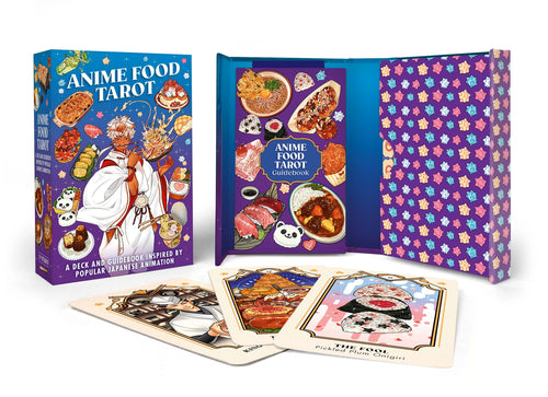 Anime Food Tarot card set with tarot cards, guidebook, and box on a white background