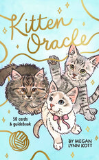 Kitten Oracle card set cover with three kittens on a light blue background