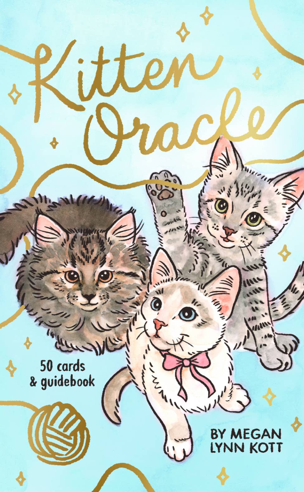Kitten Oracle card set cover with three kittens on a light blue background