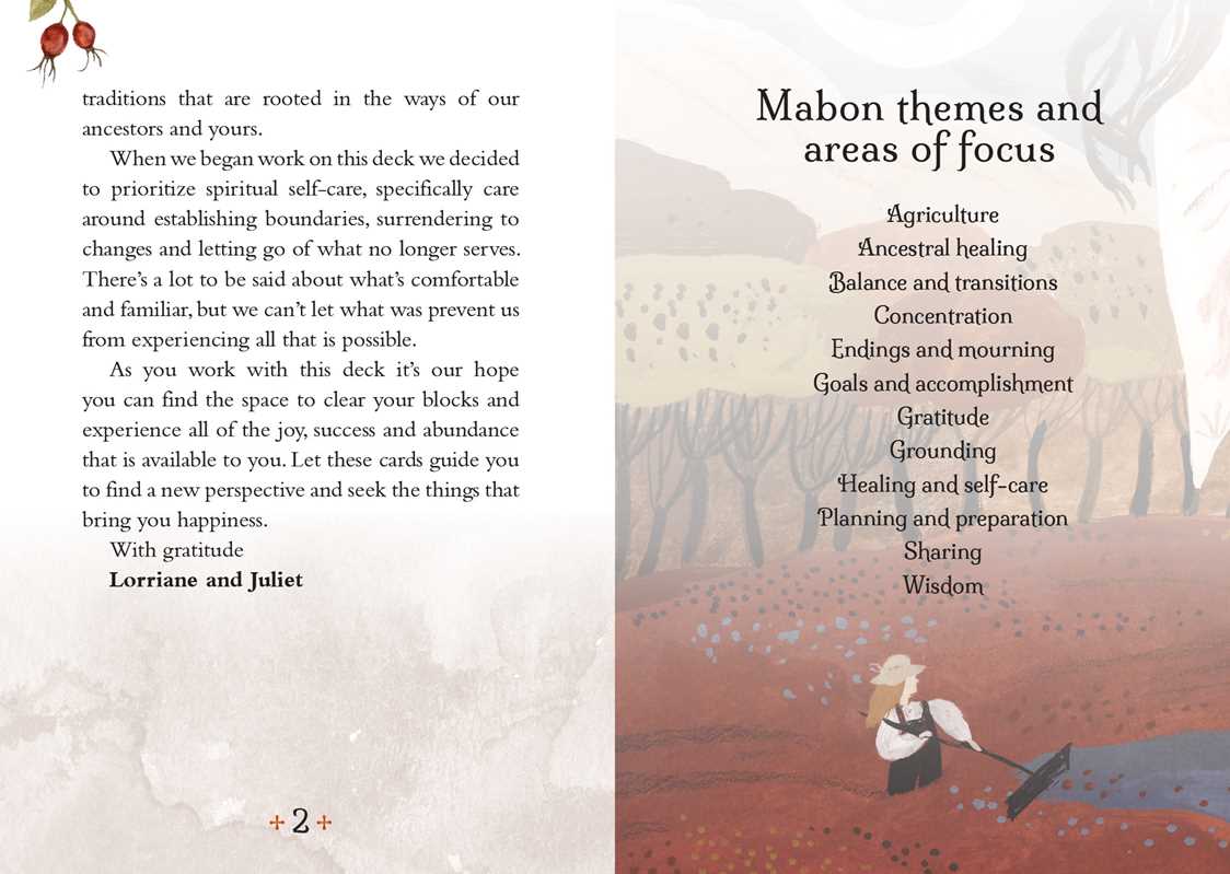 Book page with text about Mabon themes and areas of focus, featuring a person in a forest setting.