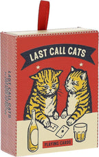 Playing card box with two cats and text 'Last Call Cats' on a red background