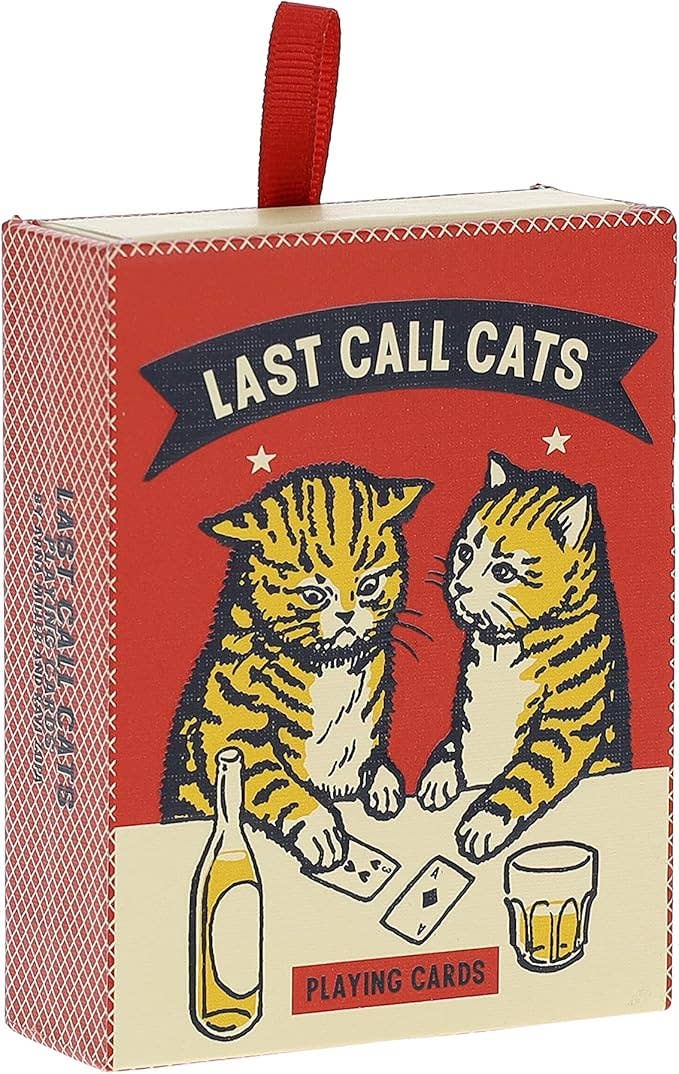 Playing card box with two cats and text 'Last Call Cats' on a red background