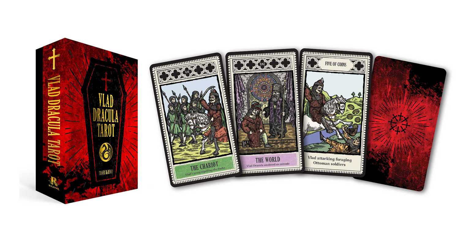 Vlad Dracula Tarot card set with tarot cards and box on a white background