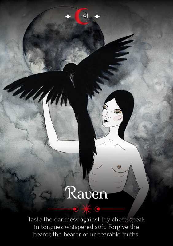 Illustration of a woman with a black raven on her shoulder against a moonlit sky.