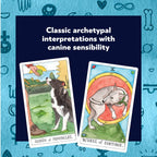 Two tarot cards with dog illustrations on a blue background with symbols.
