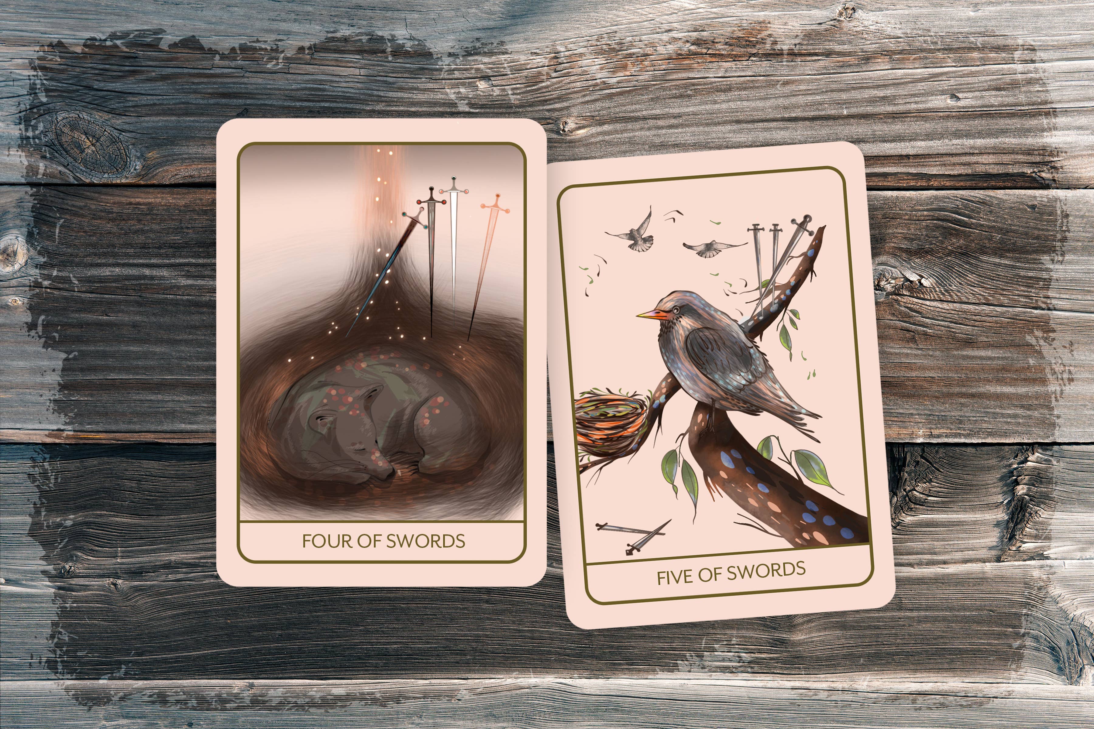 Two illustrated tarot cards, 'Four of Swords' and 'Five of Swords,' displayed on a rustic weathered wood background.