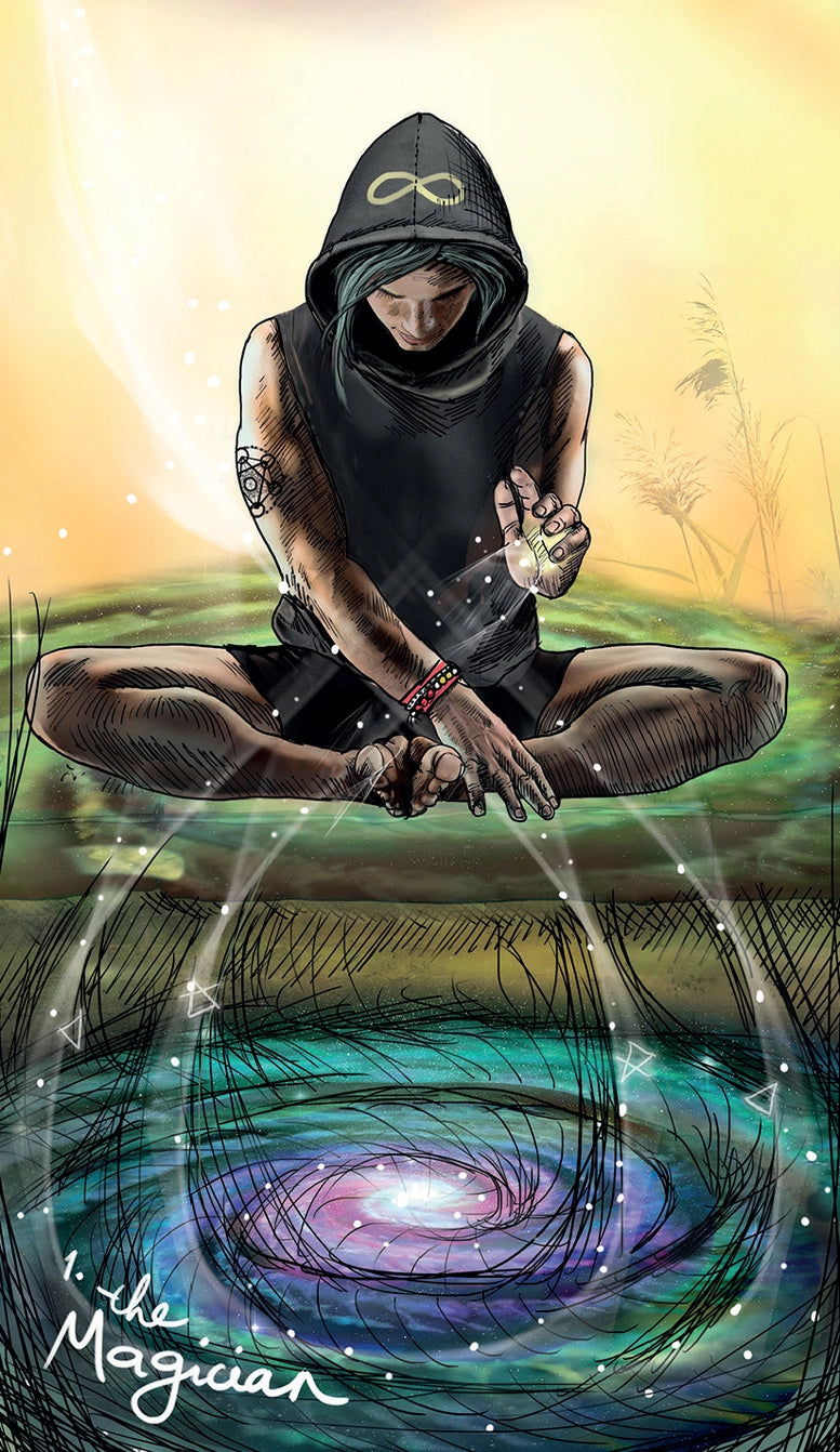 Illustration of a person in a hoodie with a symbol, sitting by a mystical pool with swirling water.