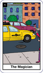 Card from a tarot deck titled 'The Magician' featuring a yellow NYC taxi and cityscape.