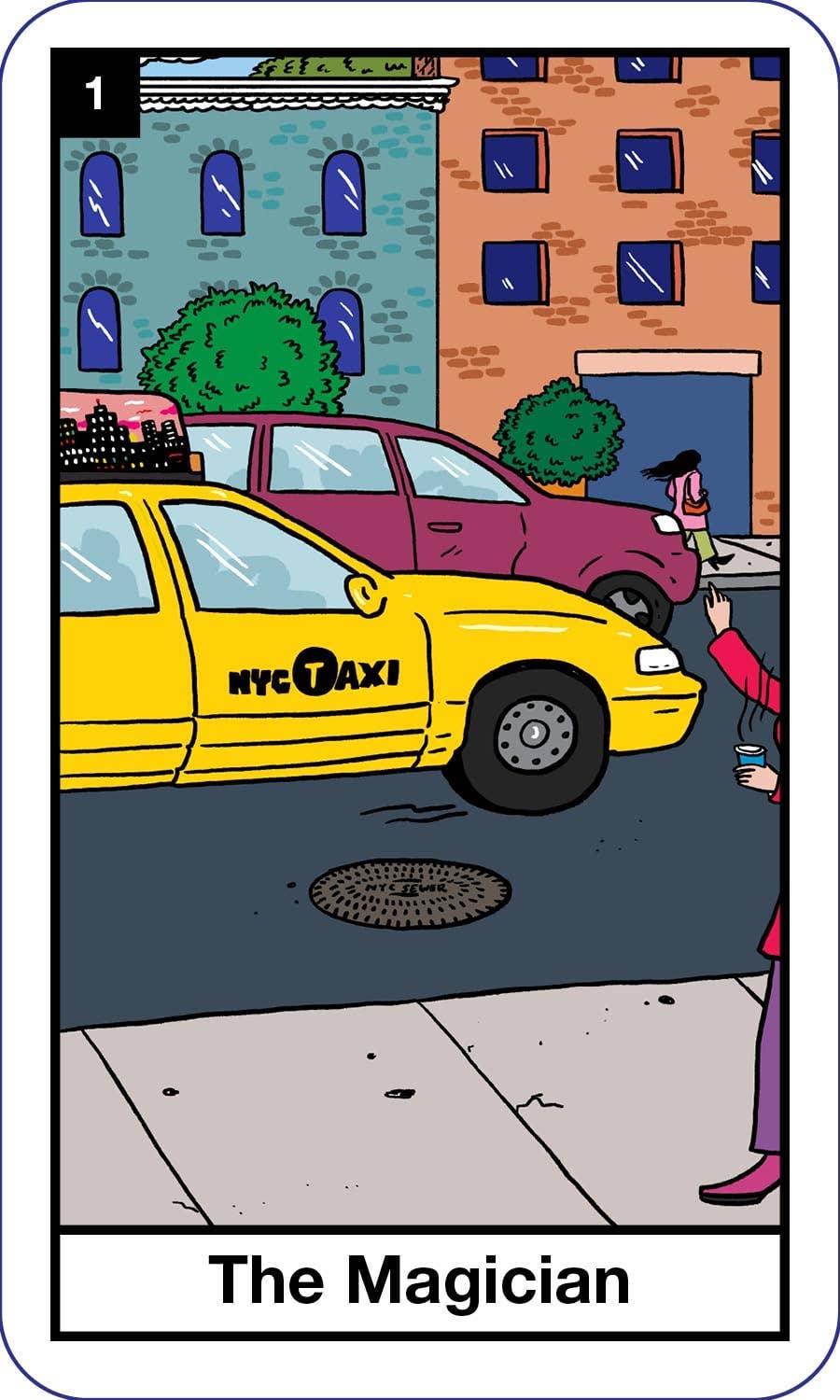 Card from a tarot deck titled 'The Magician' featuring a yellow NYC taxi and cityscape.