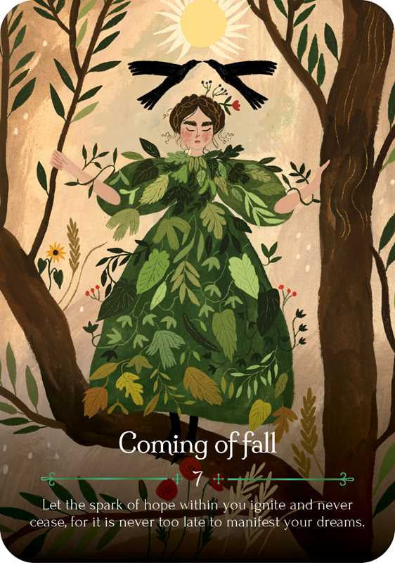 Illustration of a woman in a green dress with leaf patterns, surrounded by trees and birds, with text 'Coming of fall' and '7'.