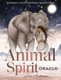 Book cover of 'Animal Spirit Oracle' featuring an illustration of a woman and an elephant against a starry night sky.