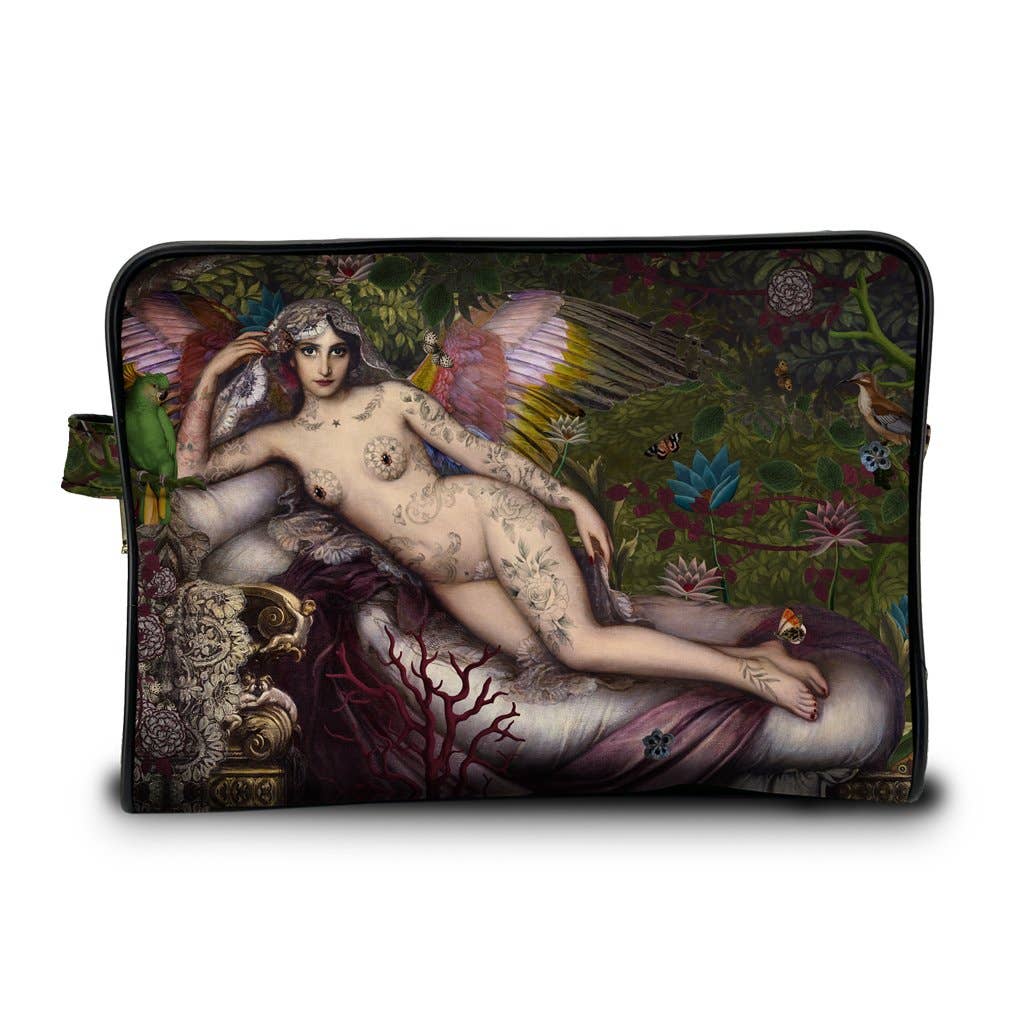 Laptop sleeve with a fantasy design featuring a nude figure, birds, and foliage on a dark background.