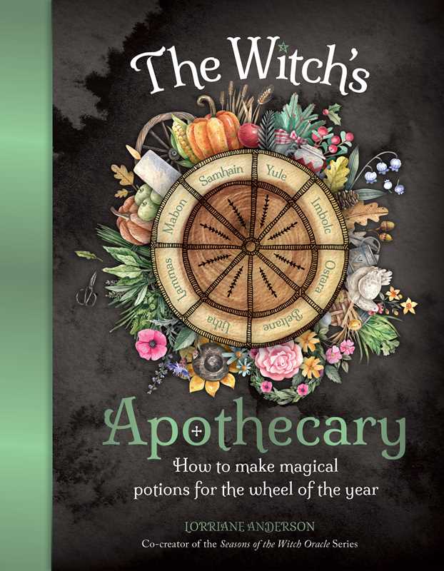 Book cover of 'The Witch's Apothecary' with a wheel of the year design and decorative elements.