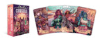 Card game packaging with colorful illustrations of cowgirls and aliens on a white background