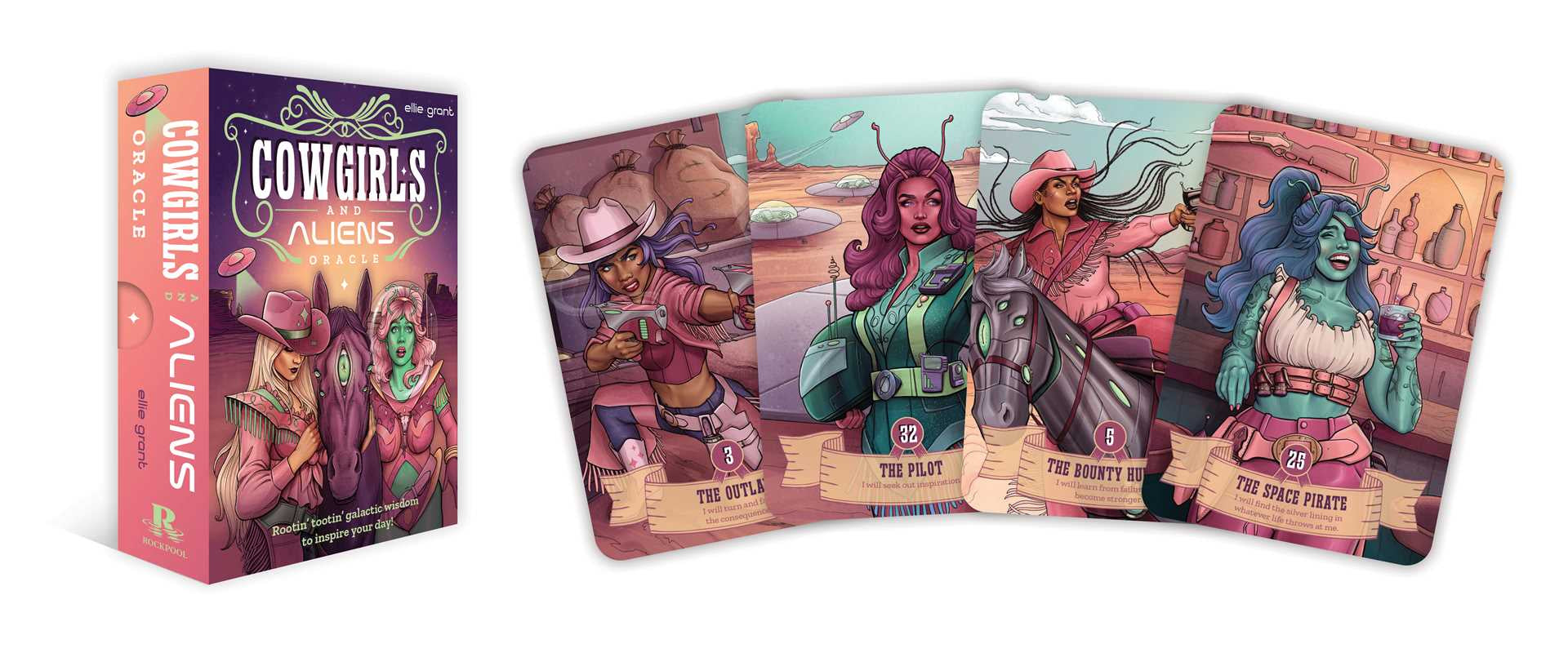Card game packaging with colorful illustrations of cowgirls and aliens on a white background