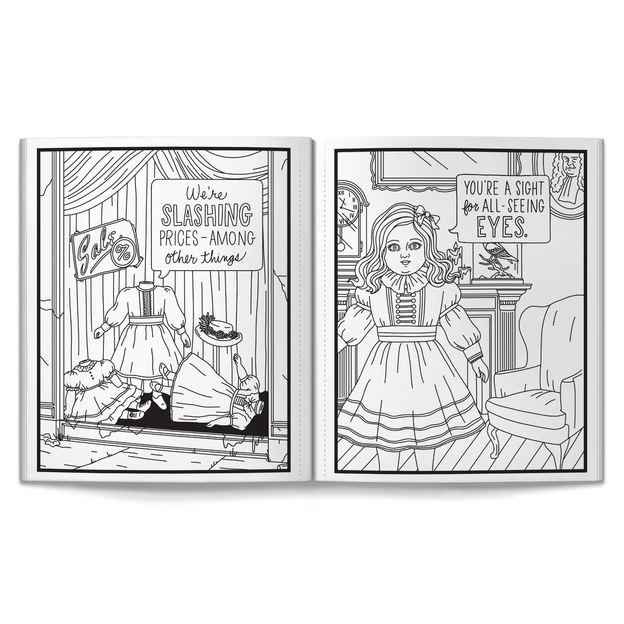 Coloring book pages with a doll and store window scene.