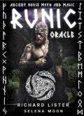 Book cover of 'Runic Oracle' with a man with tattoos and runes on a dark background