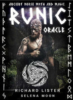 Book cover of 'Runic Oracle' with a man with tattoos and runes on a dark background