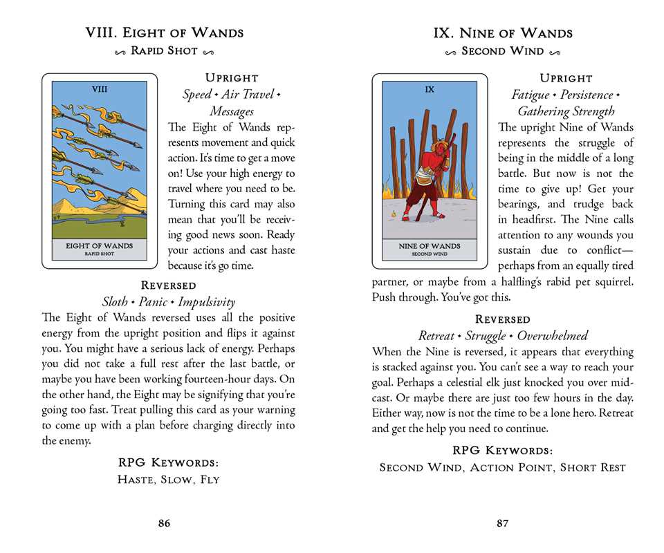 Two tarot cards from a deck, with descriptions and keywords on either side.