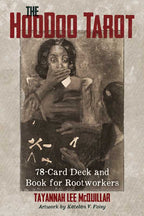 Book cover of 'The Hoodoo Tarot' with a woman's face and tarot cards on a textured background.