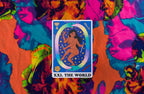Tarot card titled 'XXI. The World' on a colorful tie-dye background