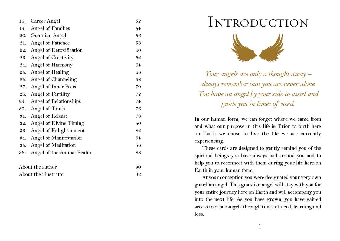 Table of contents and introduction page from a book about angels, with text and angel wings illustration.