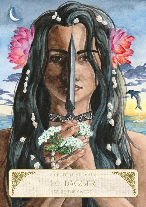 Illustration of a woman with flowers in her hair holding a dagger, with text at the bottom.