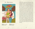 Illustration of a couple embracing with text about the Major Arcana card 'The Lovers' from a tarot book.