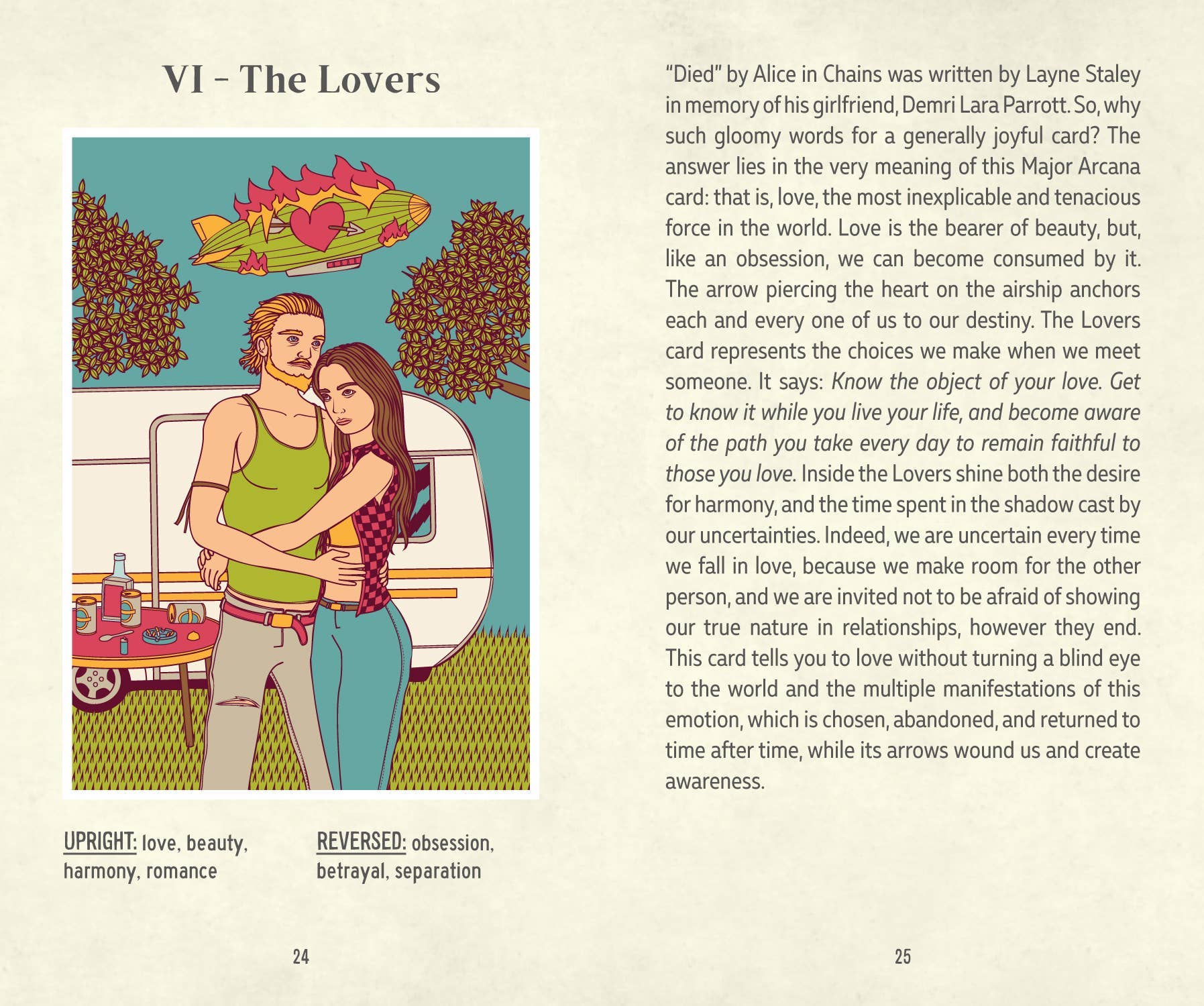 Illustration of a couple embracing with text about the Major Arcana card 'The Lovers' from a tarot book.