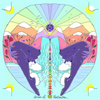 Colorful illustration of two dolphins with a rainbow circle, mountains, and flowers.