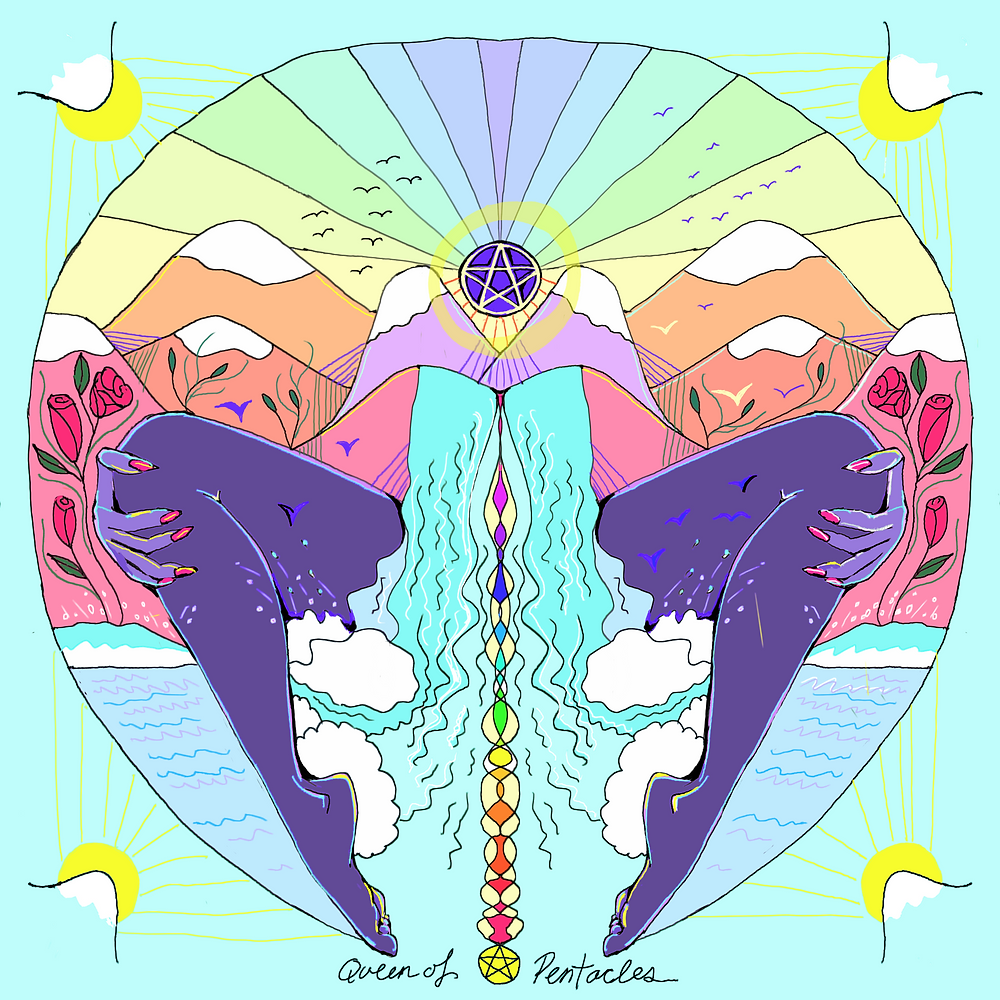 Colorful illustration of two dolphins with a rainbow circle, mountains, and flowers.