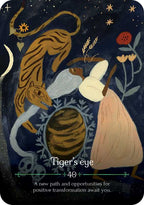 Illustration of a tiger, moon, and flowers with text on a dark background