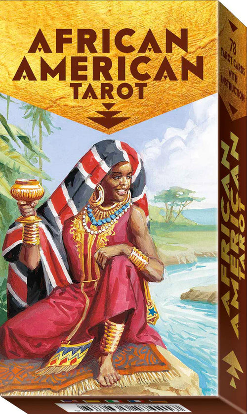African American Tarot card box with a tarot card illustration of a woman sitting on a rock by the water.