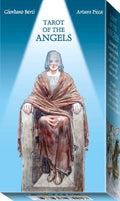 Tarot of the Angels book cover with an illustration of a figure on a throne against a blue background.